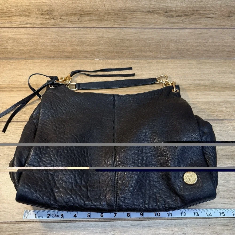 Vince Camuto Black Leather Hobo Bag Slouchy Shoulder Handbag Tumbled Crinkle
